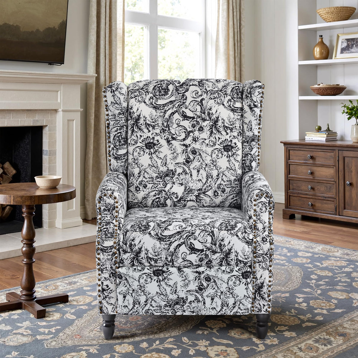 Wingback Floral Pushback Recliner Chair, Plants Beige, Set of 2