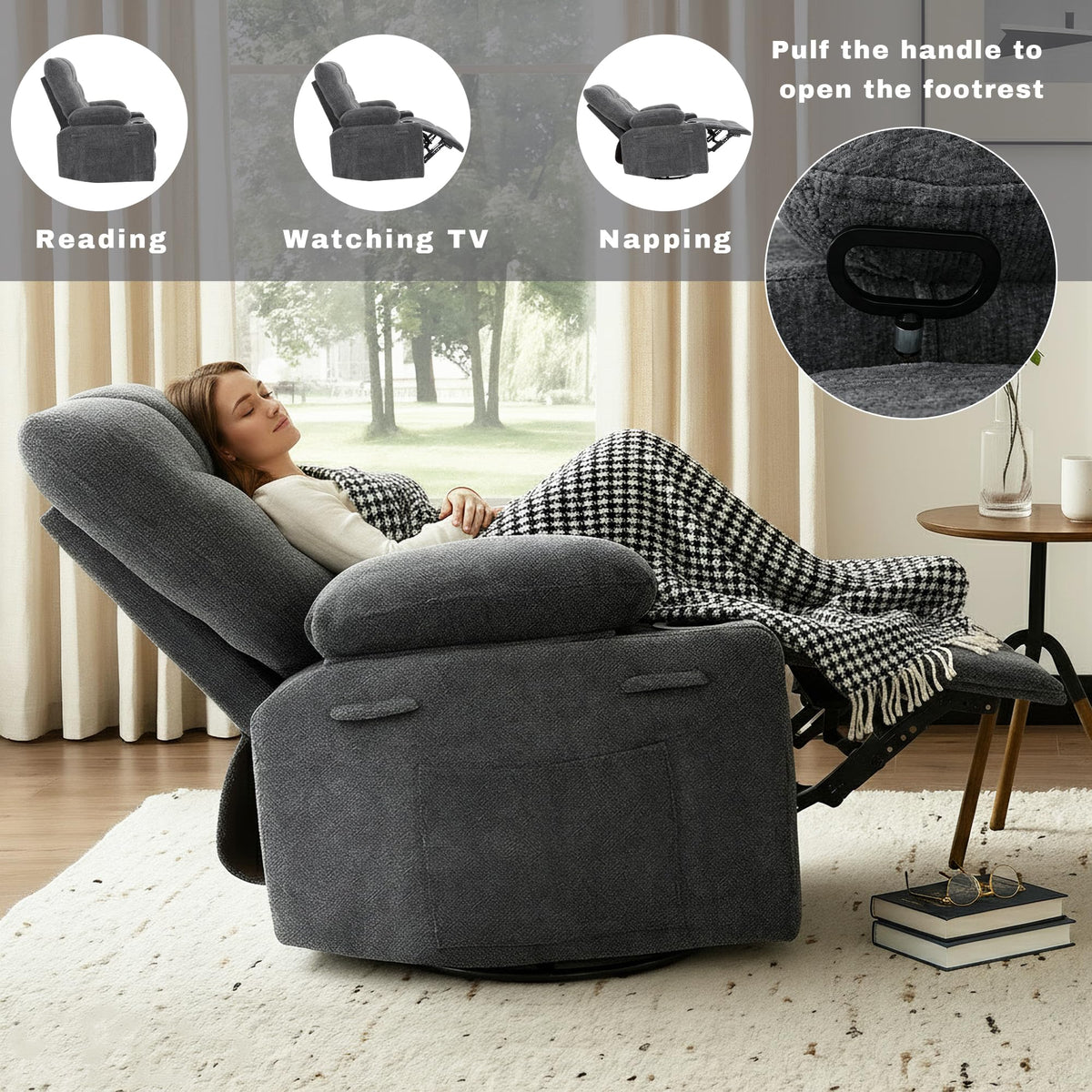 Swivel Rocker Recliner Chair,Recliner Single Sofa with Cup Holders, Manual Nursery Rocking Chair with Side Pockets, Modern Upholstered Recliner for Living Room,Apartment,Home Theater(Black)