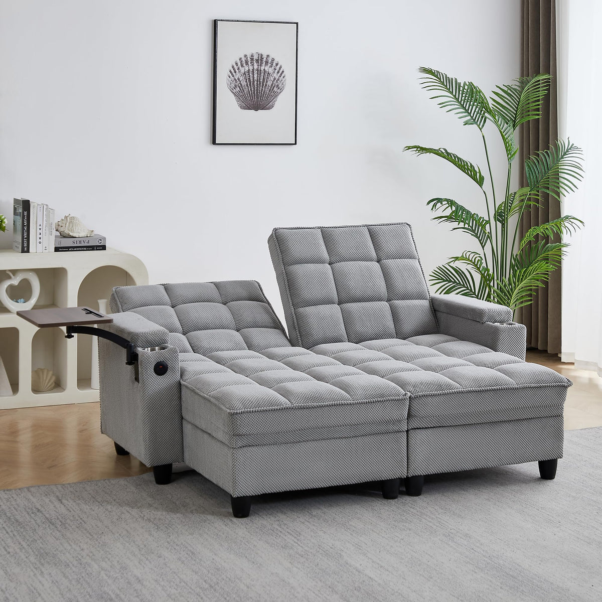 KEIKI 41.7" Convertible Sofa Bed Chair, Adjustable Backrest Recliner Chaise Lounge with USB Ports, Cup Holder, Storage Armrest and Swivel Table, Space Saving Sleeper Sofa for Studio, Dorm
