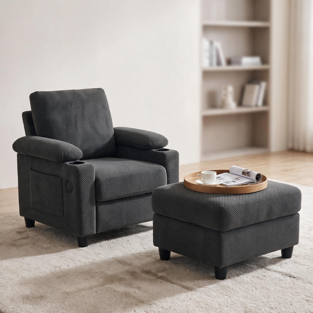 Convertible Sleeper Chair, Pull Out Sofa Bed with Adjustable Backrest & Hidden Storage Armrest, Single Sofa Recliner with USB Charging Port & Cup Holders for Living Room, Bedroom, Dark Gray