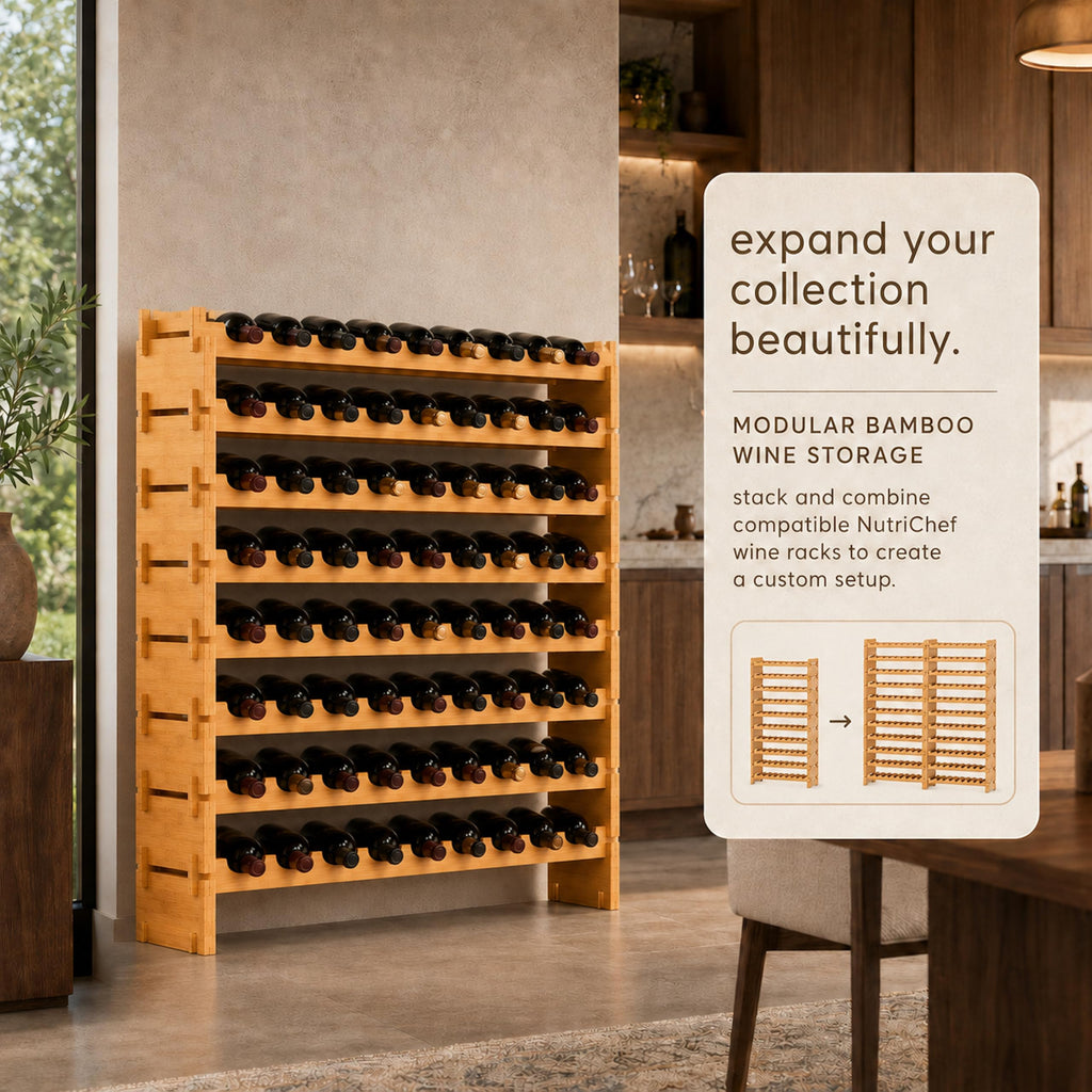 NutriChef 108 Bottle Stackable Modular Wine Rack, Upgraded 1â Thick Sideboard, .5â Rack Sticks, Sturdy Wobble Free Natural Bamboo Construction, Protective Moisture Resistant Finish, 33.5" x 10" x 63"
