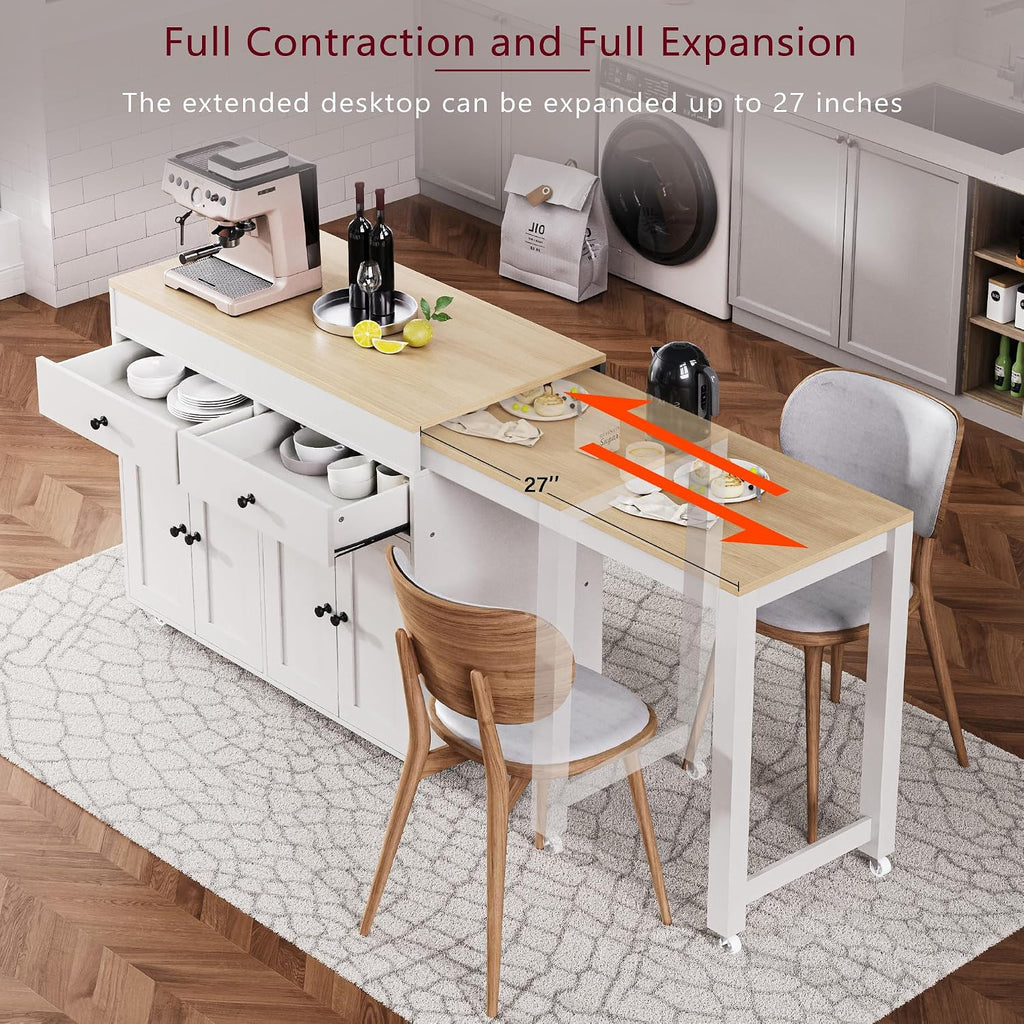 Merax 74.5" Kitchen Island with Extendable Dining Table, Rolling Kitchen Storage Cart on Wheels with Spice Rack & 2 Drawers & 4 Door Cabinet for Dining Room, White