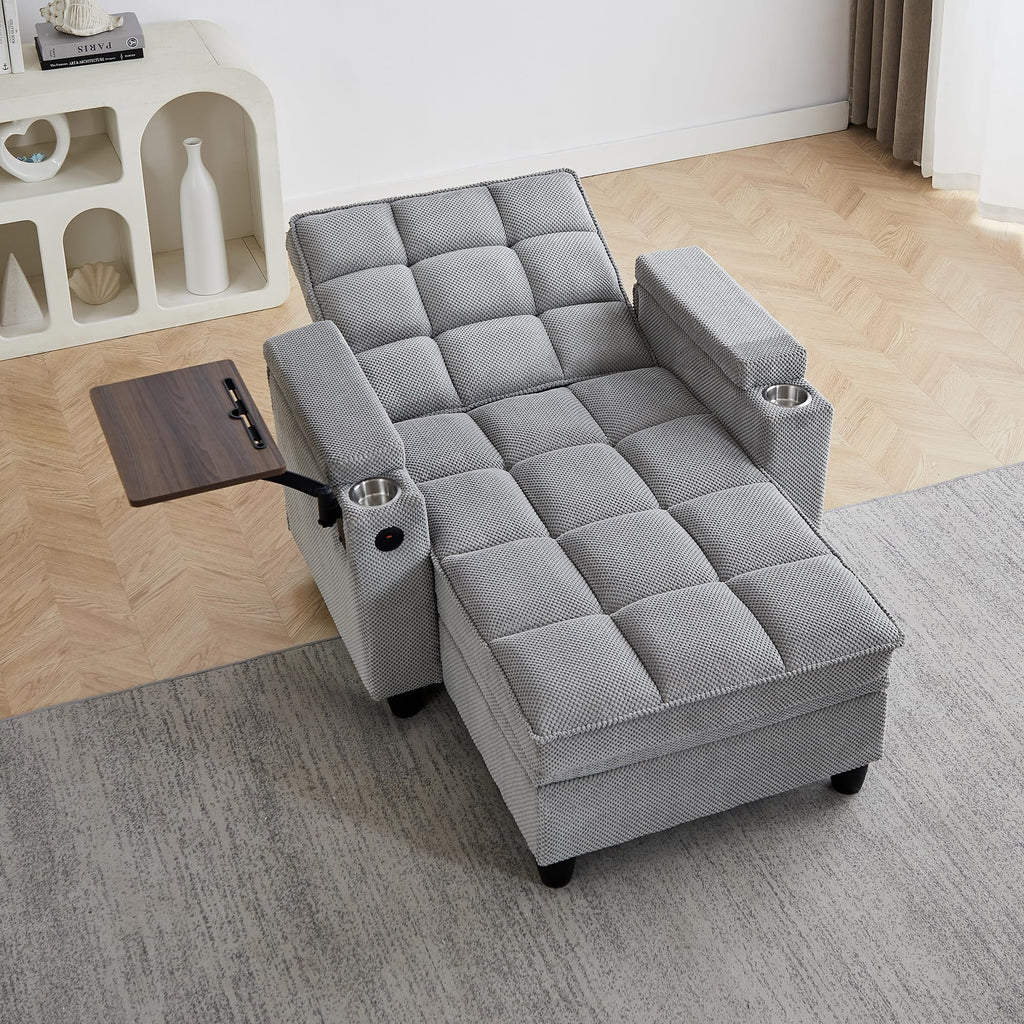 KEIKI 41.7" Convertible Sofa Bed Chair, Adjustable Backrest Recliner Chaise Lounge with USB Ports, Cup Holder, Storage Armrest and Swivel Table, Space Saving Sleeper Sofa for Studio, Dorm
