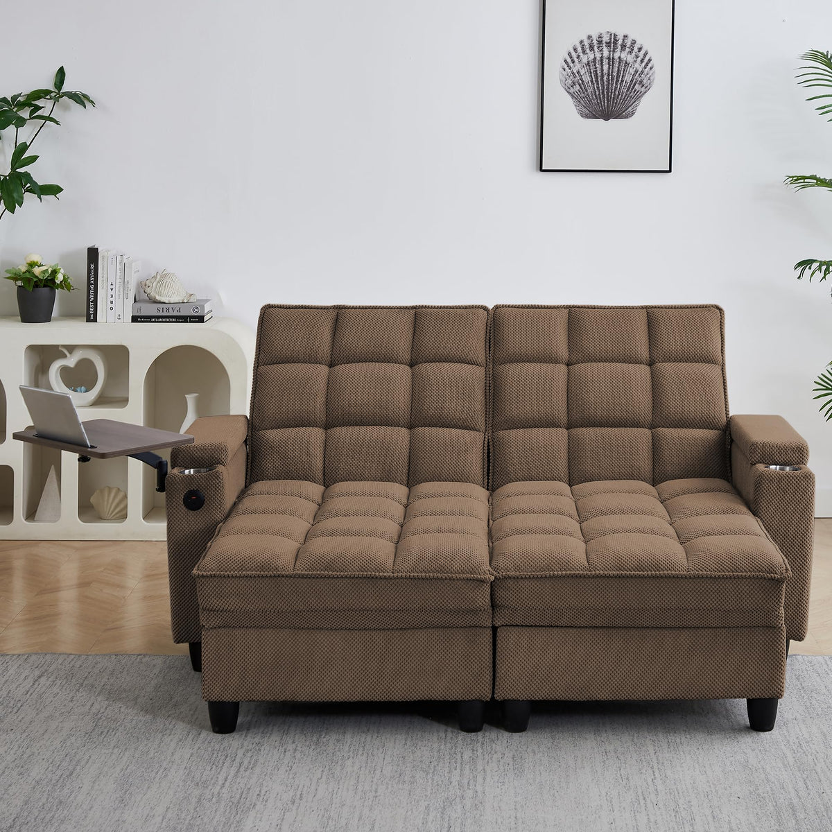 KEIKI 41.7" Convertible Sofa Bed Chair, Adjustable Backrest Recliner Chaise Lounge with USB Ports, Cup Holder, Storage Armrest and Swivel Table, Space Saving Sleeper Sofa for Studio, Dorm