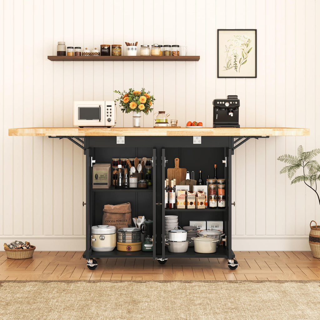 62.8" Rolling Kitchen Island with Double Drop Leaf Rubberwood Countertop, Mobile Kitchen Cart with Storage Cabinet & Lockable Wheels, Space-Saving Foldable Kitchen Prep Station for Dining Room, White