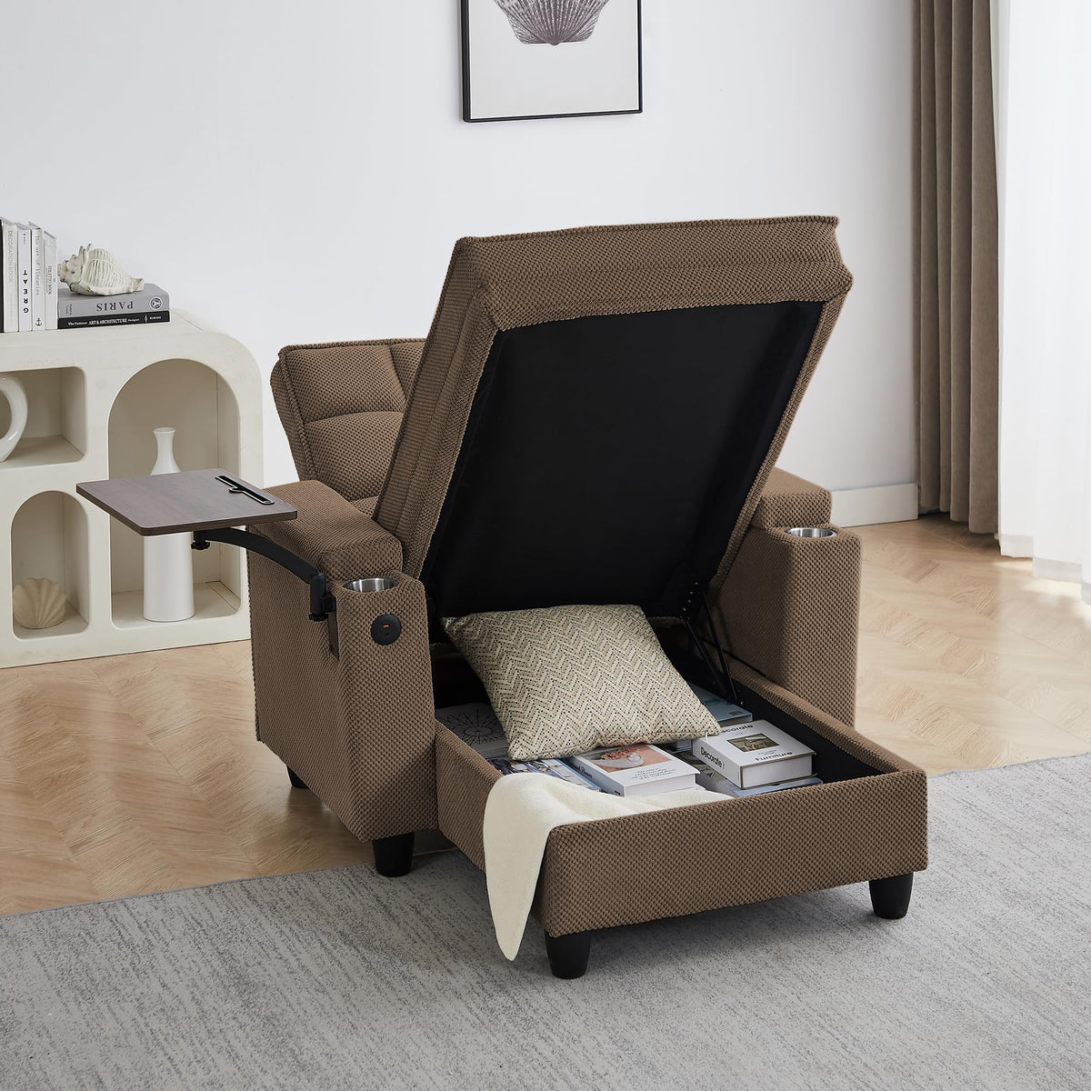 KEIKI 41.7" Convertible Sofa Bed Chair, Adjustable Backrest Recliner Chaise Lounge with USB Ports, Cup Holder, Storage Armrest and Swivel Table, Space Saving Sleeper Sofa for Studio, Dorm