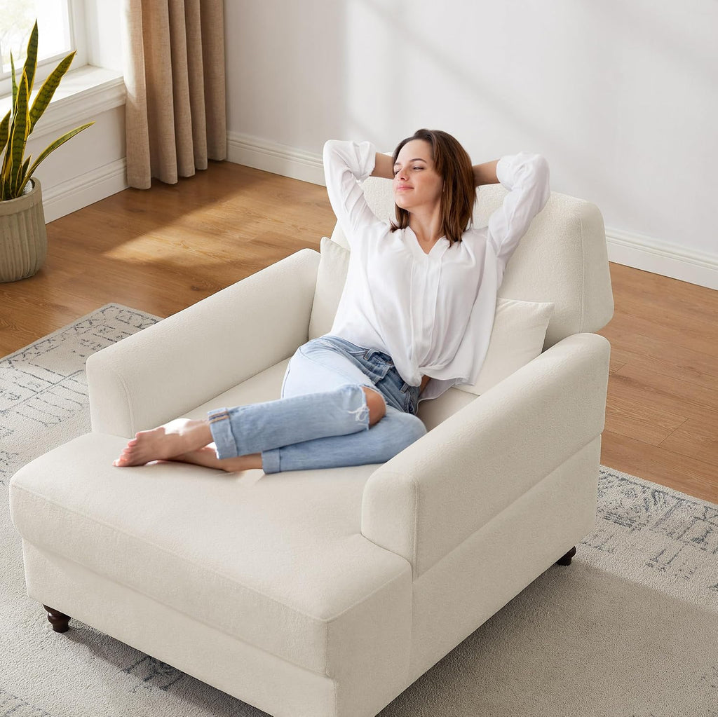 Oversized Chaise Lounge Chair with Adjustable Backrest, Polyester White