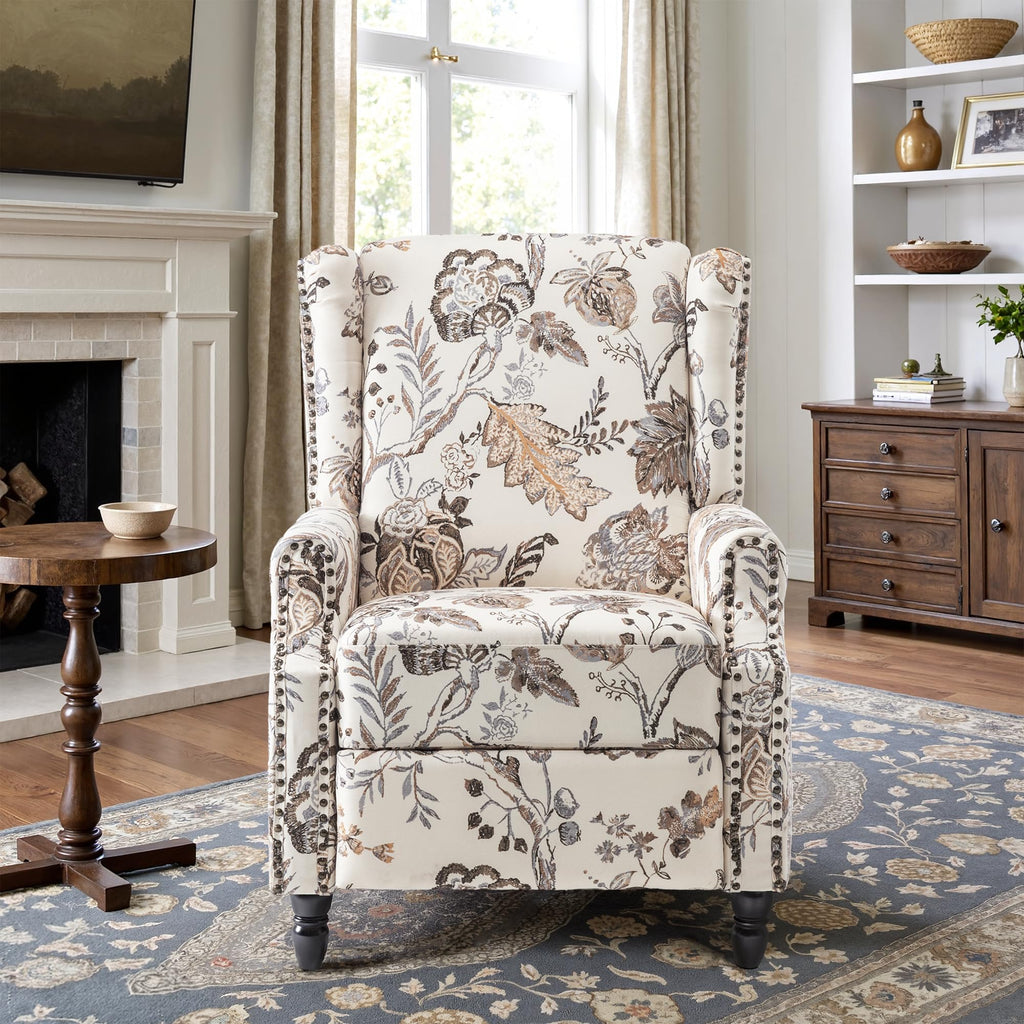 Wingback Floral Pushback Recliner Chair, Plants Beige, Set of 2