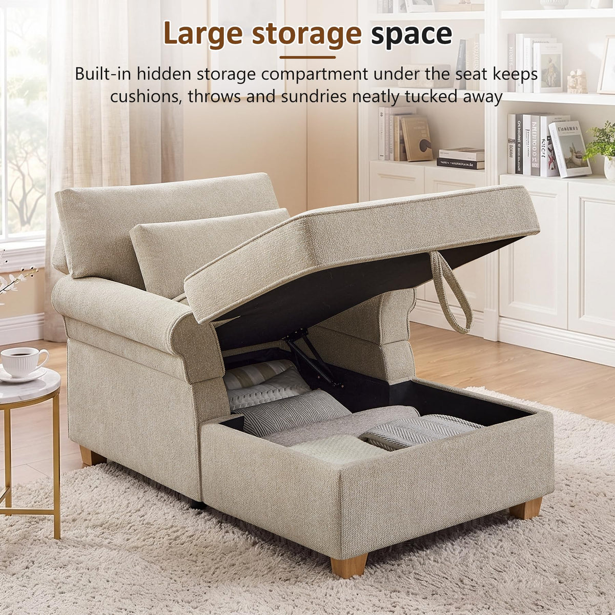 63.39" Oversized Chaise Lounge Chair with Storage, Chenille Beige