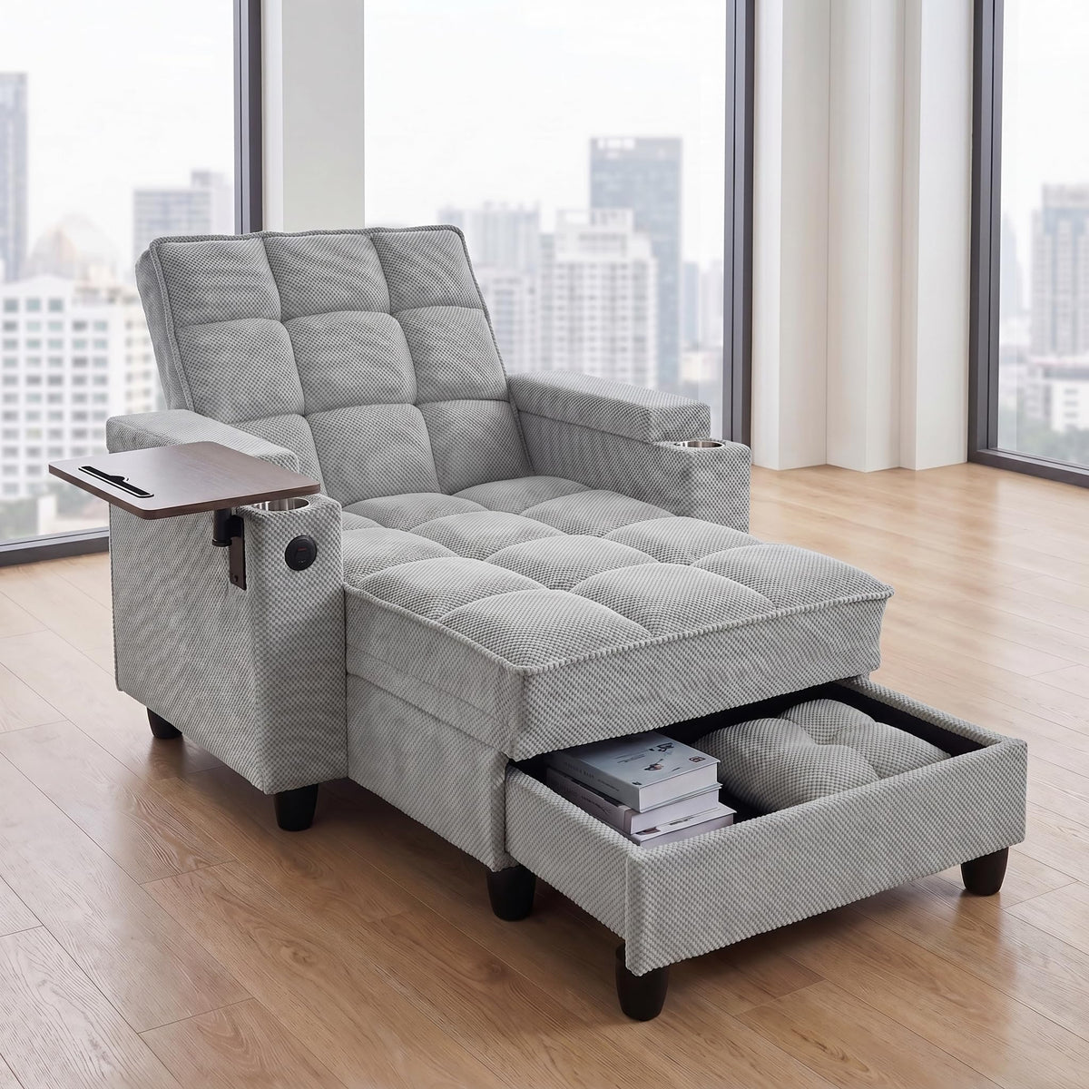 Convertible Sleeper Chair, Pull Out Sofa Bed with Adjustable Backrest & Hidden Storage Armrest, Single Sofa Recliner with USB Charging Port & Cup Holders for Living Room, Bedroom, Dark Gray