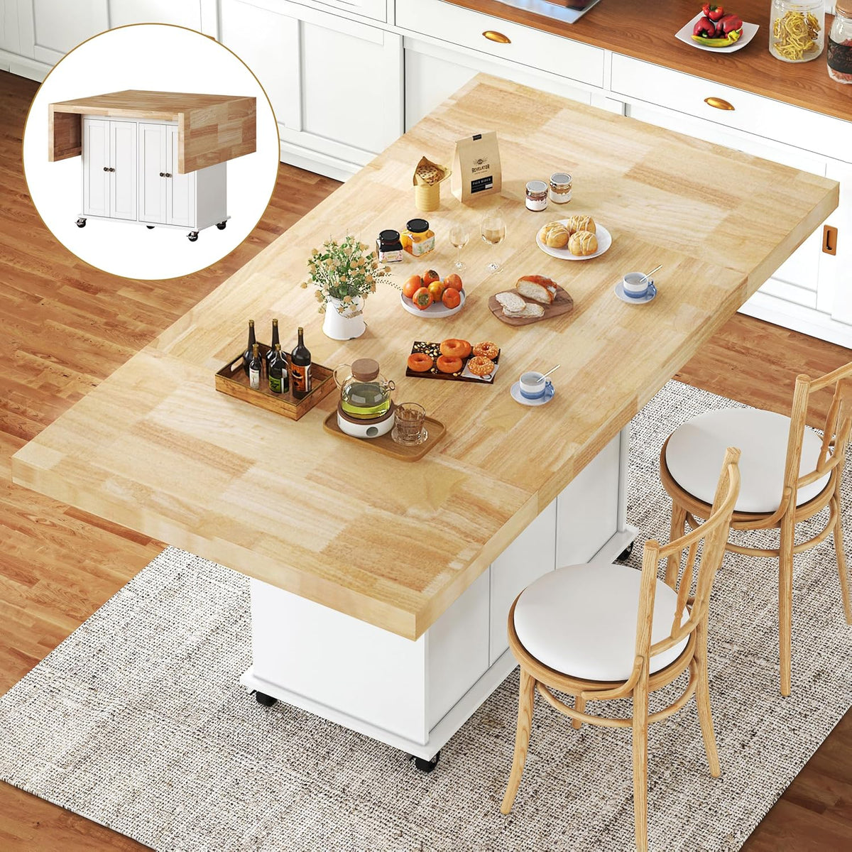62.8" Rolling Kitchen Island with Double Drop Leaf Rubberwood Countertop, Mobile Kitchen Cart with Storage Cabinet & Lockable Wheels, Space-Saving Foldable Kitchen Prep Station for Dining Room, White