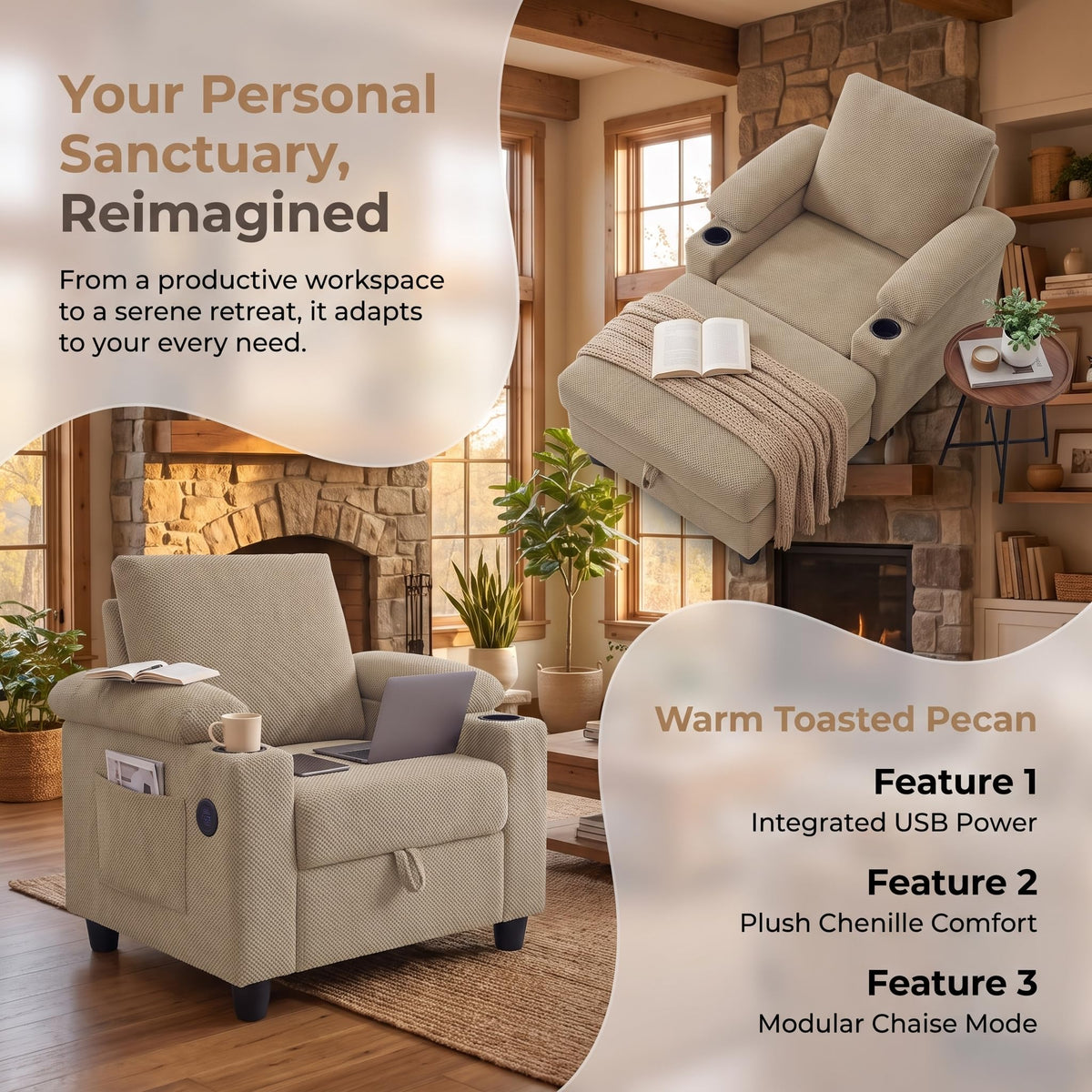 Convertible Sleeper Chair, Pull Out Sofa Bed with Adjustable Backrest & Hidden Storage Armrest, Single Sofa Recliner with USB Charging Port & Cup Holders for Living Room, Bedroom, Dark Gray