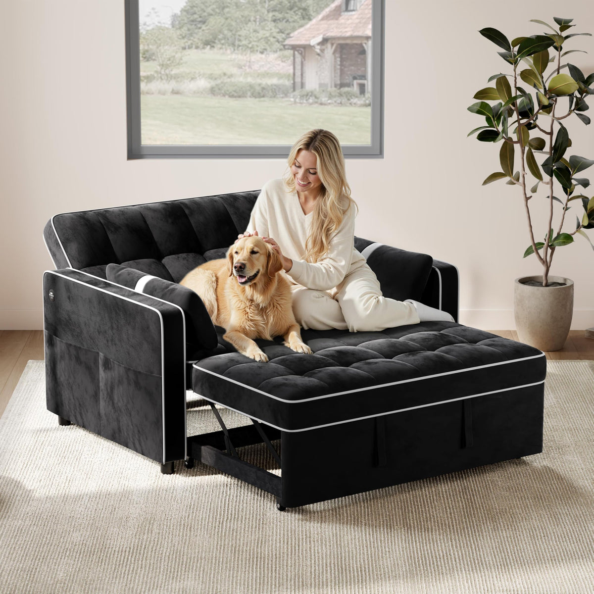 Yaheetech 3 in 1 Sofa Bed Convertible Sleeper Sofa with USB Ports, Beige