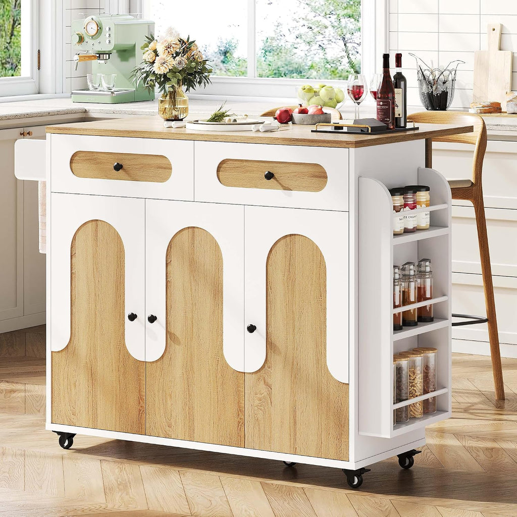 IRONCK 41.3" Kitchen Island Cart with Drop Leaf & Side Shelves, White