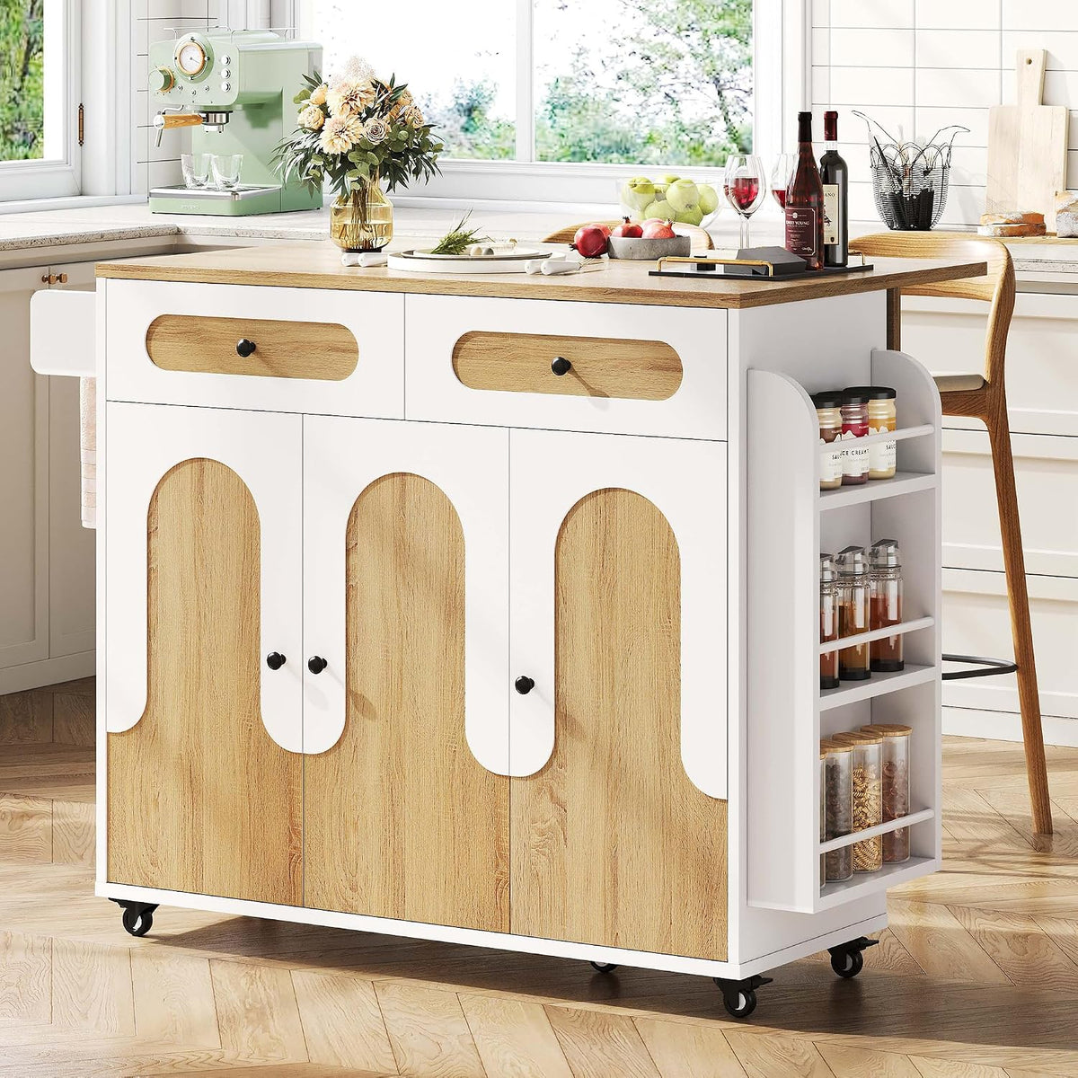 IRONCK 41.3" Kitchen Island Cart with Drop Leaf & Side Shelves, White