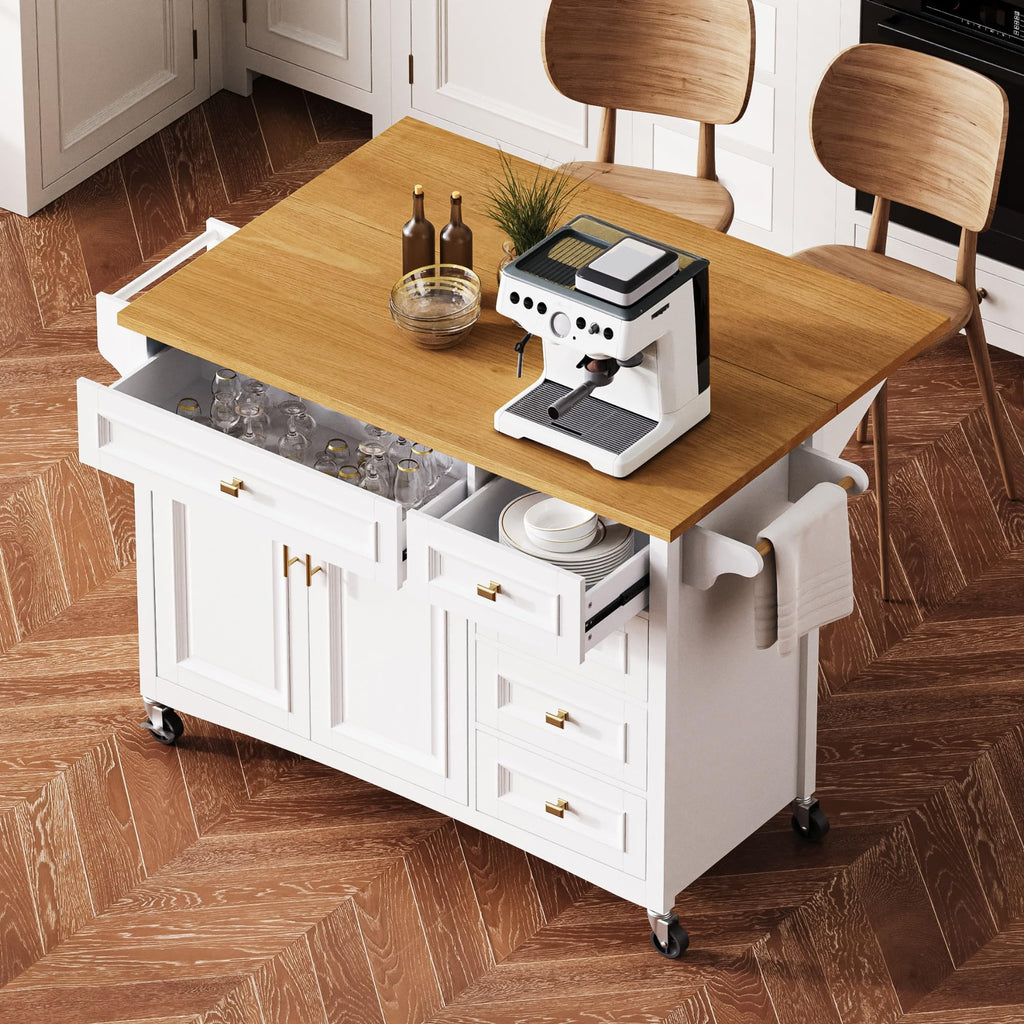 Large Kitchen Island with Rubber Wood Drop Leaf and Silver Handle