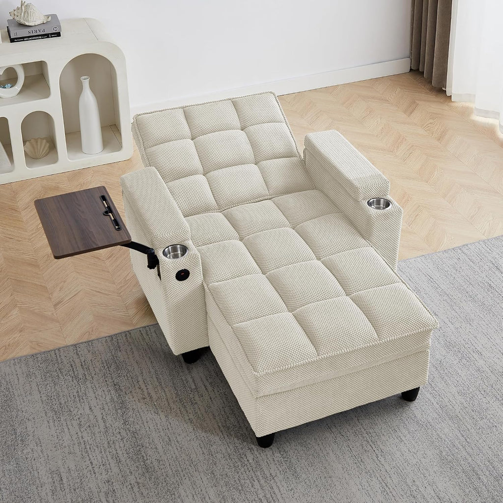 KEIKI 41.7" Convertible Sofa Bed Chair, Adjustable Backrest Recliner Chaise Lounge with USB Ports, Cup Holder, Storage Armrest and Swivel Table, Space Saving Sleeper Sofa for Studio, Dorm