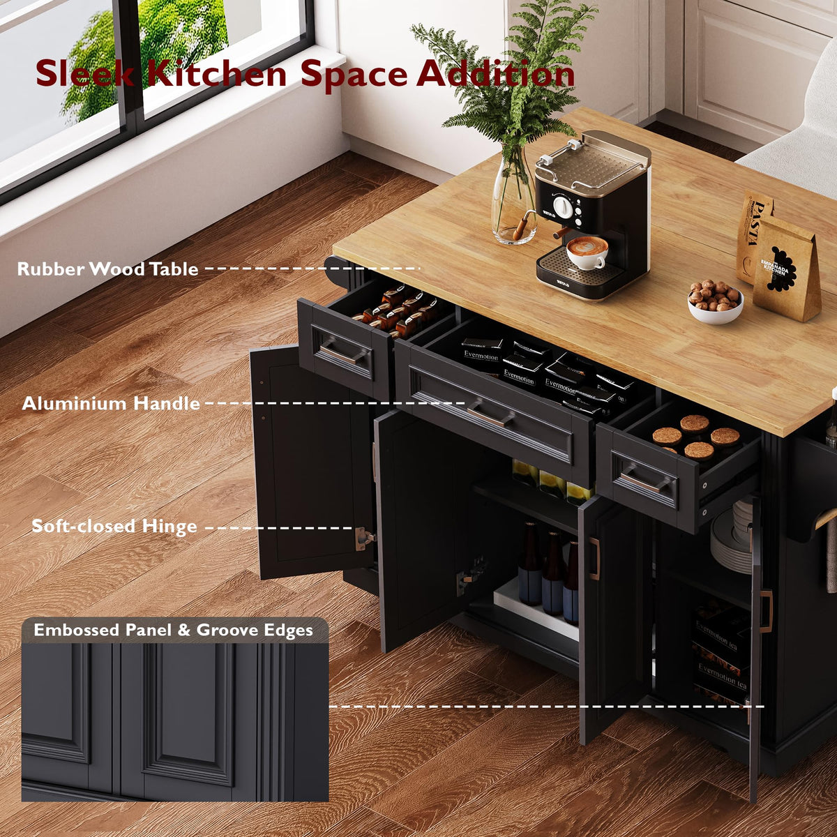 Large Kitchen Island with Rubber Wood Drop Leaf and Silver Handle