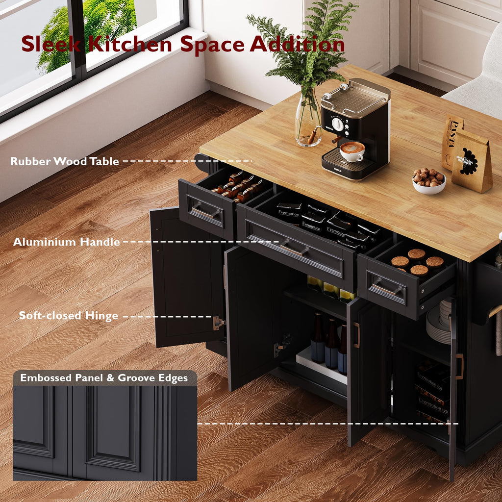 Merax 54" Large Kitchen Cart Island on Wheels with Drop Leaf,Adjustable Shelves,3 Drawers,Embossed Texture Design for Dining Room