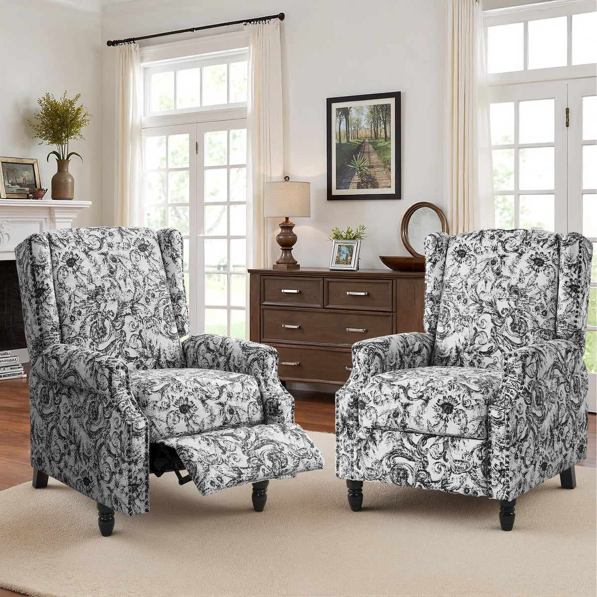 Wingback Floral Pushback Recliner Chair, Plants Beige, Set of 2