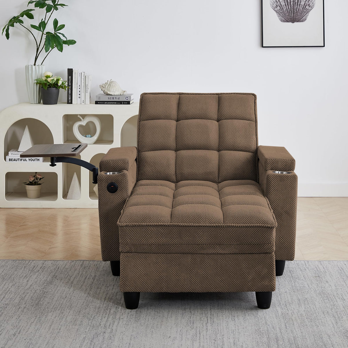 KEIKI 41.7" Convertible Sofa Bed Chair, Adjustable Backrest Recliner Chaise Lounge with USB Ports, Cup Holder, Storage Armrest and Swivel Table, Space Saving Sleeper Sofa for Studio, Dorm
