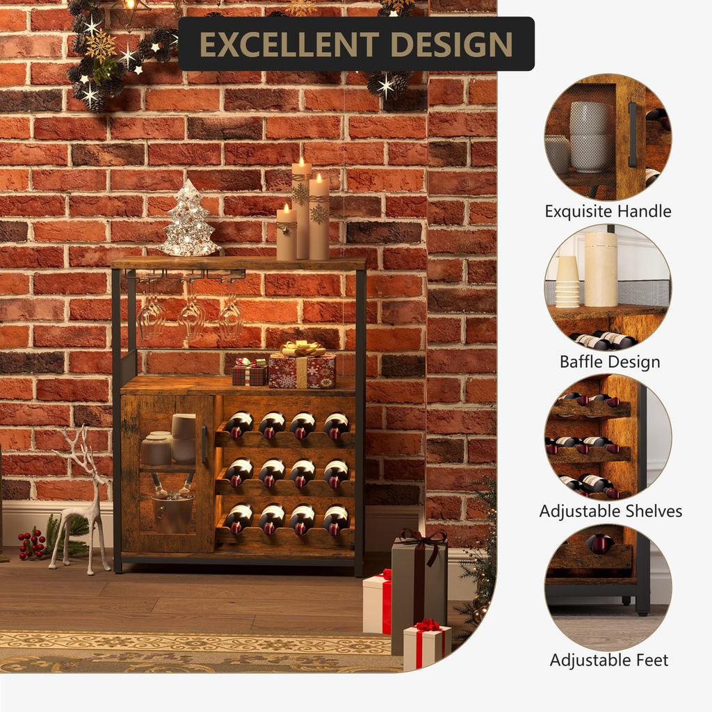 Jojoka 3 Tier Wine Bar Cabinet with LED Lights, Adjustable Storage, Liquor Rack, Glass Holder, Mesh Door, Multi Functional Coffee Bar Sideboard Buffet for Home, Dining Room