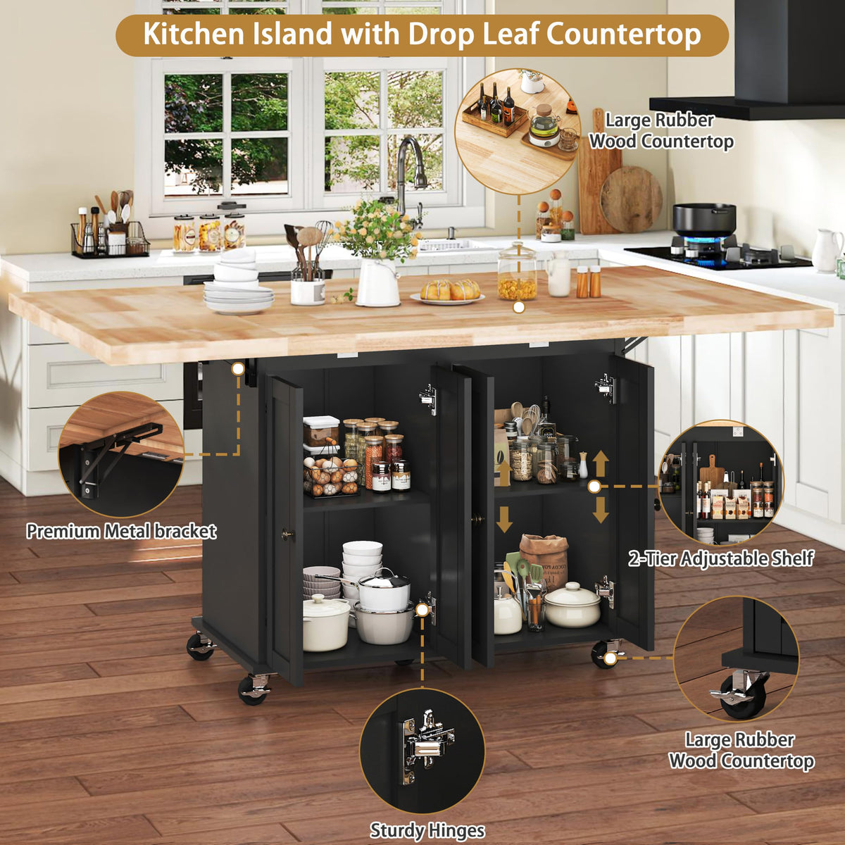 62.8" Rolling Kitchen Island with Double Drop Leaf Rubberwood Countertop, Mobile Kitchen Cart with Storage Cabinet & Lockable Wheels, Space-Saving Foldable Kitchen Prep Station for Dining Room, White