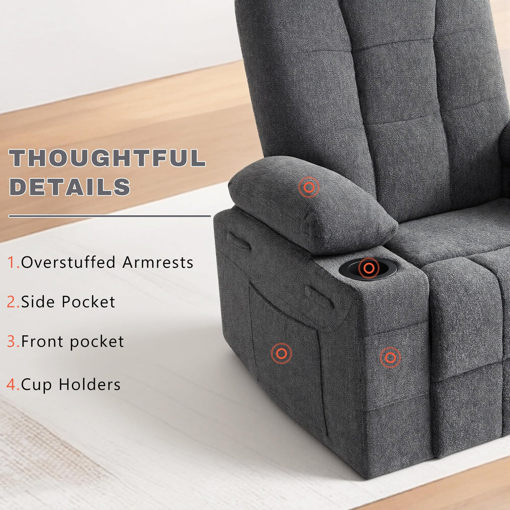 Swivel Rocker Recliner Chair,Recliner Single Sofa with Cup Holders, Manual Nursery Rocking Chair with Side Pockets, Modern Upholstered Recliner for Living Room,Apartment,Home Theater(Black)
