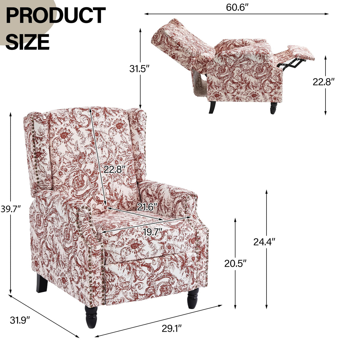 Wingback Floral Pushback Recliner Chair, Plants Beige, Set of 2
