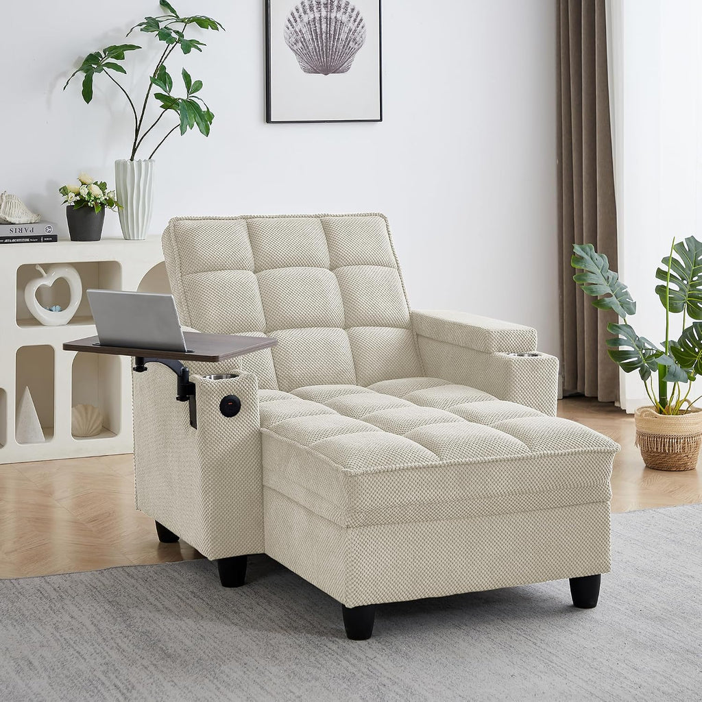 KEIKI 41.7" Convertible Sofa Bed Chair, Adjustable Backrest Recliner Chaise Lounge with USB Ports, Cup Holder, Storage Armrest and Swivel Table, Space Saving Sleeper Sofa for Studio, Dorm