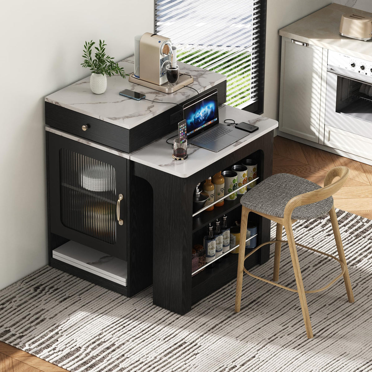 Extendable Dining Table with Folding Tabletop & Power Outlet, Modern Kitchen Island Sideboard with Wheels, Hidden Drawers & USB Charging, Sturdy Buffet Table for Small Spaces (Black)