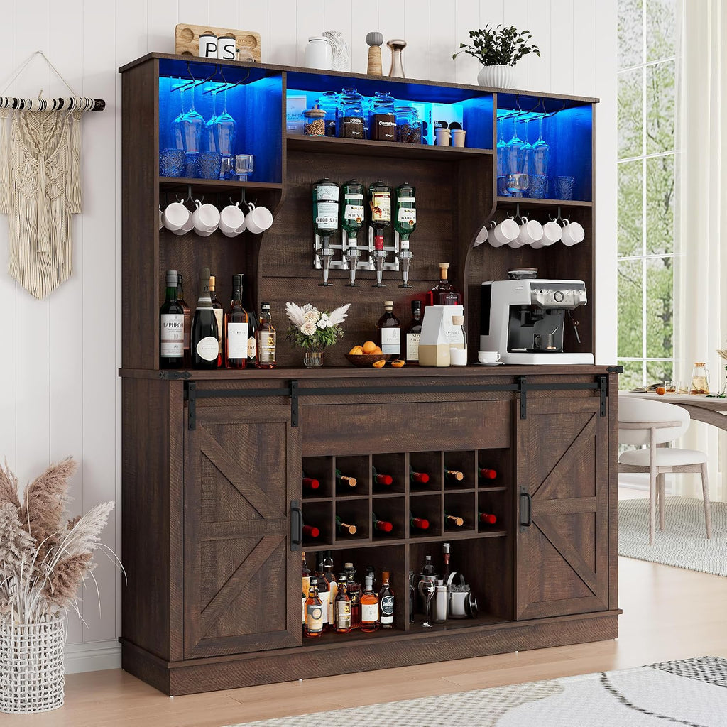 Farmhouse Coffee Bar Cabinet with LED Light, Charging Station, Brown