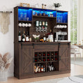 Farmhouse Coffee Bar Cabinet with LED Light, Charging Station, Brown