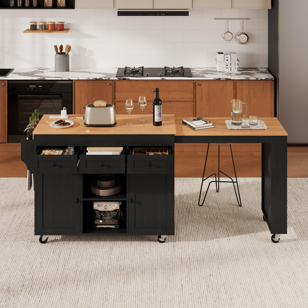 Merax 85.5" Kitchen Island with Extendable Dining Table & Universal Wheels, Storage with 3 Drawers & Open Shelves & Power Outlet, Mobile Cart for Dining Room, Small Space, Apartment, White