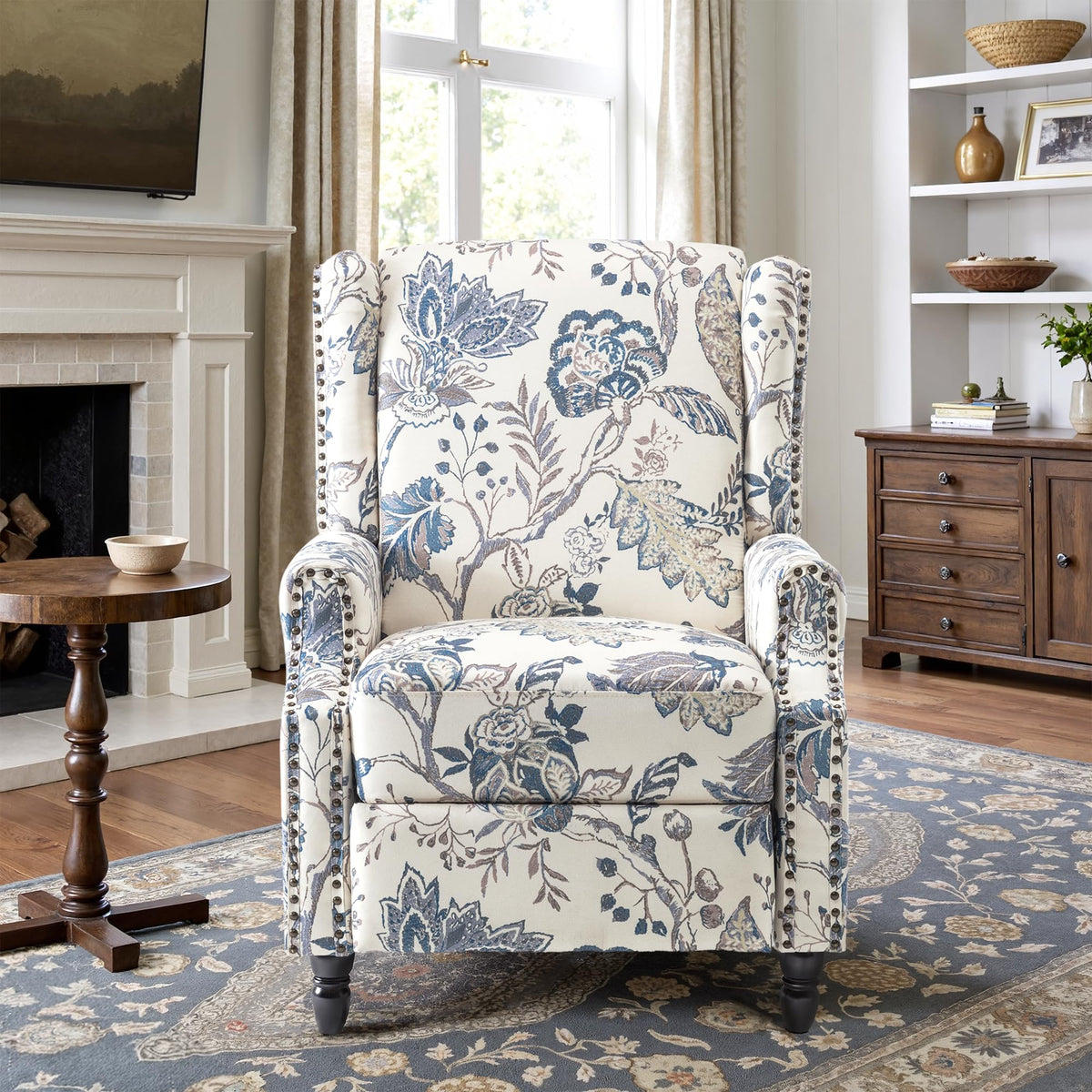 Wingback Floral Pushback Recliner Chair, Plants Beige, Set of 2