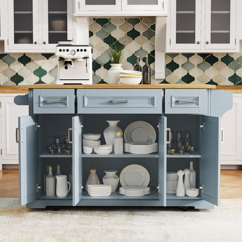 Merax 54" Large Kitchen Cart Island on Wheels with Drop Leaf,Adjustable Shelves,3 Drawers,Embossed Texture Design for Dining Room