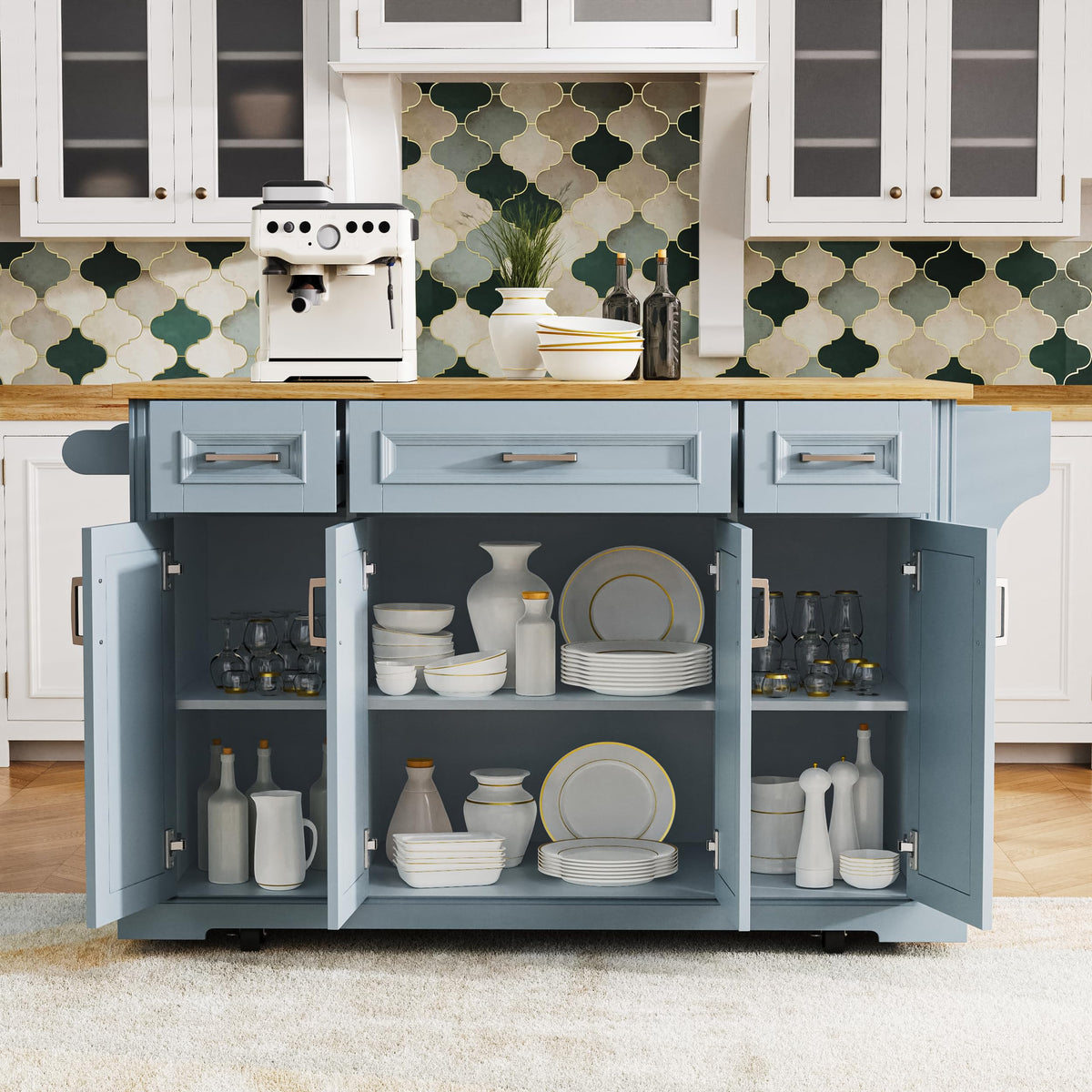 Merax 54" Large Kitchen Cart Island on Wheels with Drop Leaf,Adjustable Shelves,3 Drawers,Embossed Texture Design for Dining Room