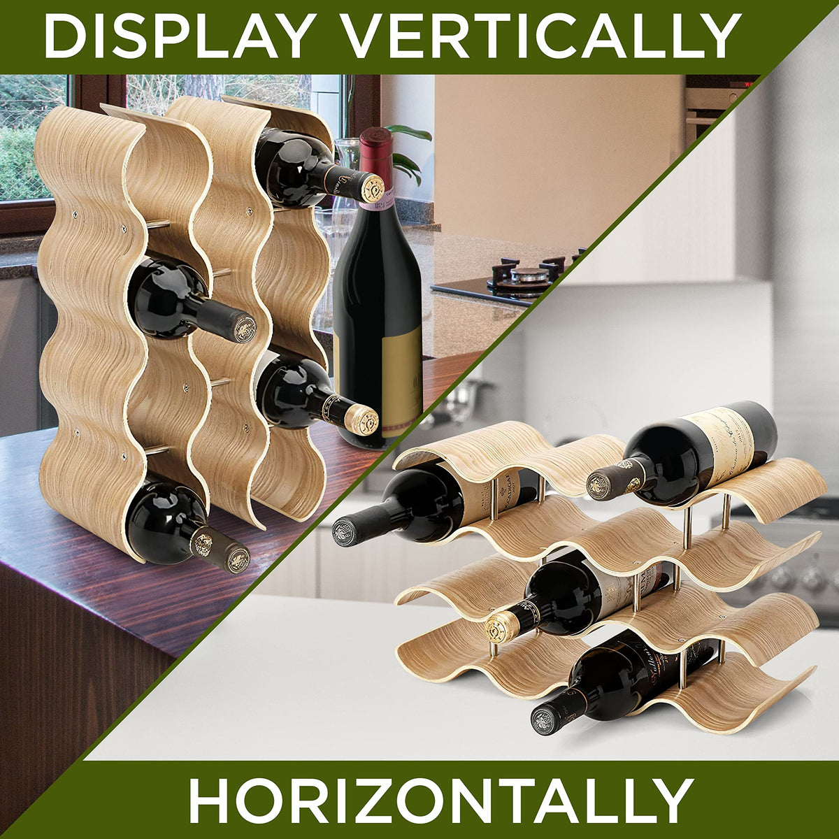 NutriChef 108 Bottle Stackable Modular Wine Rack, Upgraded 1â Thick Sideboard, .5â Rack Sticks, Sturdy Wobble Free Natural Bamboo Construction, Protective Moisture Resistant Finish, 33.5" x 10" x 63"