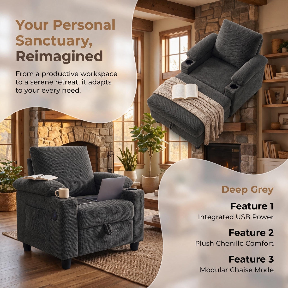 Convertible Sleeper Chair, Pull Out Sofa Bed with Adjustable Backrest & Hidden Storage Armrest, Single Sofa Recliner with USB Charging Port & Cup Holders for Living Room, Bedroom, Dark Gray