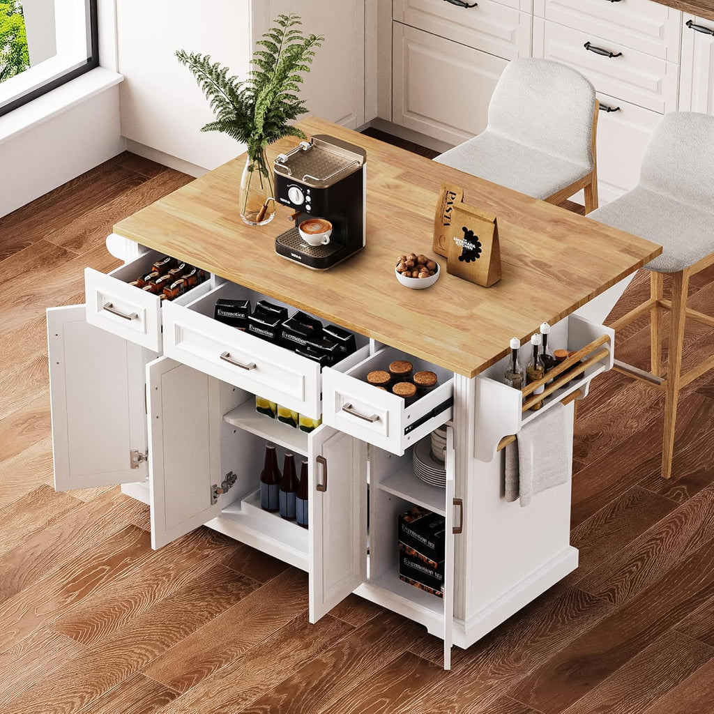 Merax 54" Large Kitchen Cart Island on Wheels with Drop Leaf,Adjustable Shelves,3 Drawers,Embossed Texture Design for Dining Room