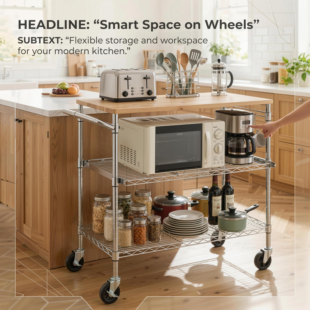 Finnhomy 3-Tier Rolling Kitchen Cart With 18" D x 30" W Oak Wood Tabletop, Kitchen Island With 4" Wheels and Slider Shelf, Microwave & Coffee Cart With Hooks for Dining Room, Chrome