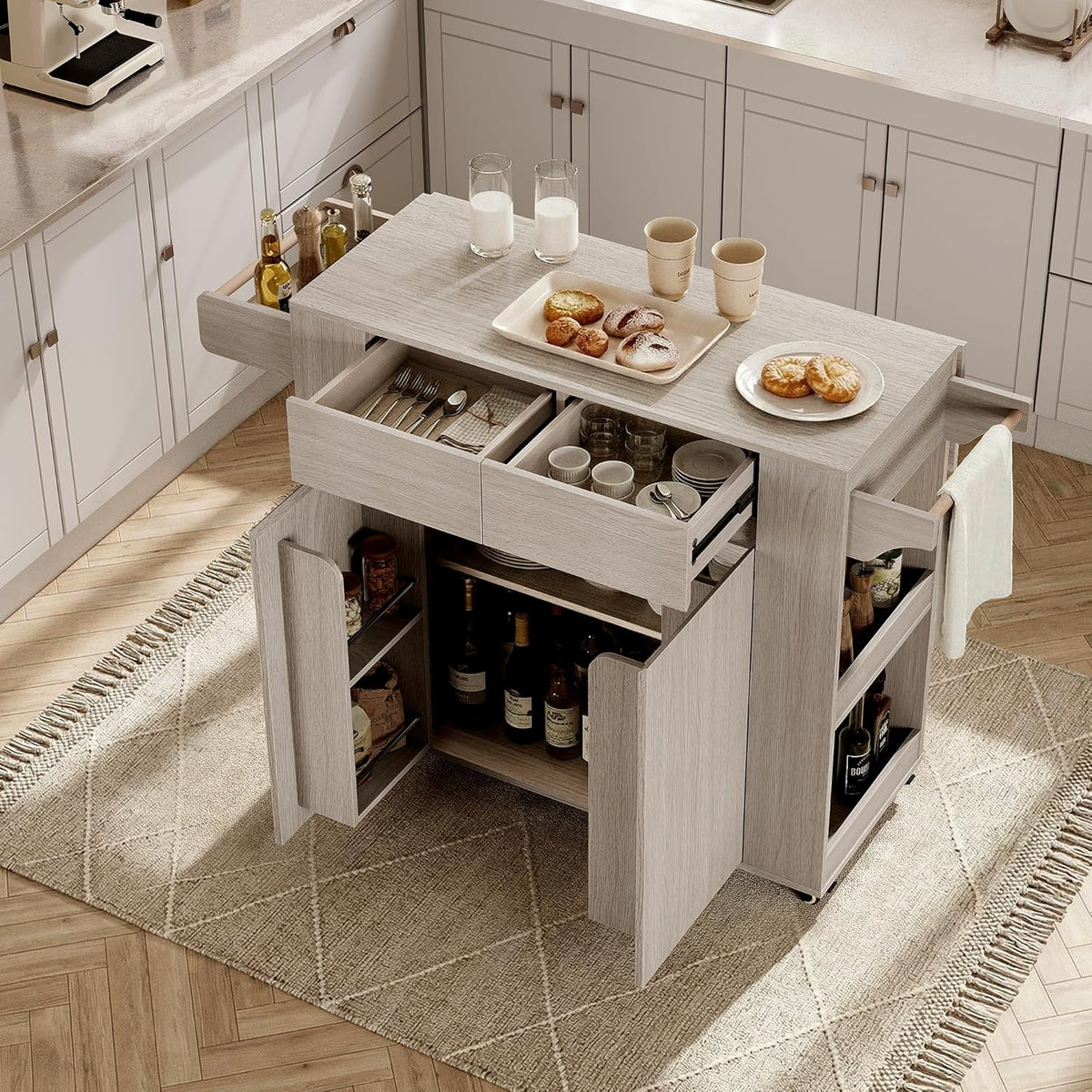 ModernMate 51'' Mobile Kitchen Island with Drop Leaf, Rolling Kitchen Cart with Drawrs & Storage Cabinet on Wheels, Portable Island Table with Spice Rack & Towel Rack for Dining Room, White Oak Gray