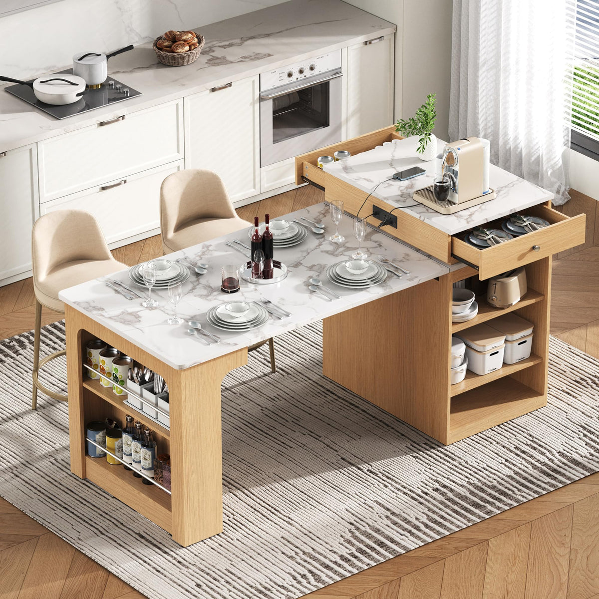 Extendable Dining Table with Folding Tabletop & Power Outlet, Modern Kitchen Island Sideboard with Wheels, Hidden Drawers & USB Charging, Sturdy Buffet Table for Small Spaces (Black)