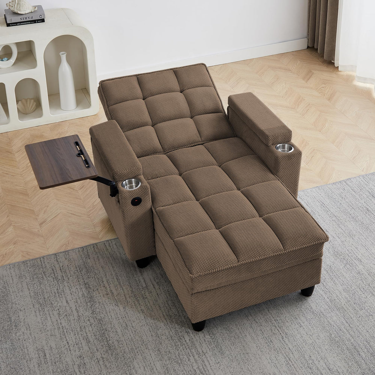KEIKI 41.7" Convertible Sofa Bed Chair, Adjustable Backrest Recliner Chaise Lounge with USB Ports, Cup Holder, Storage Armrest and Swivel Table, Space Saving Sleeper Sofa for Studio, Dorm
