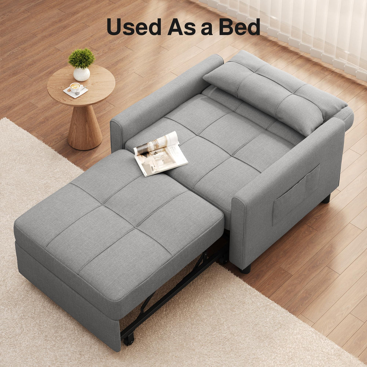 Ahomly Convertible Sofa Chair Bed, 3-in-1 Linen Pull Out Chair, Dark Gray
