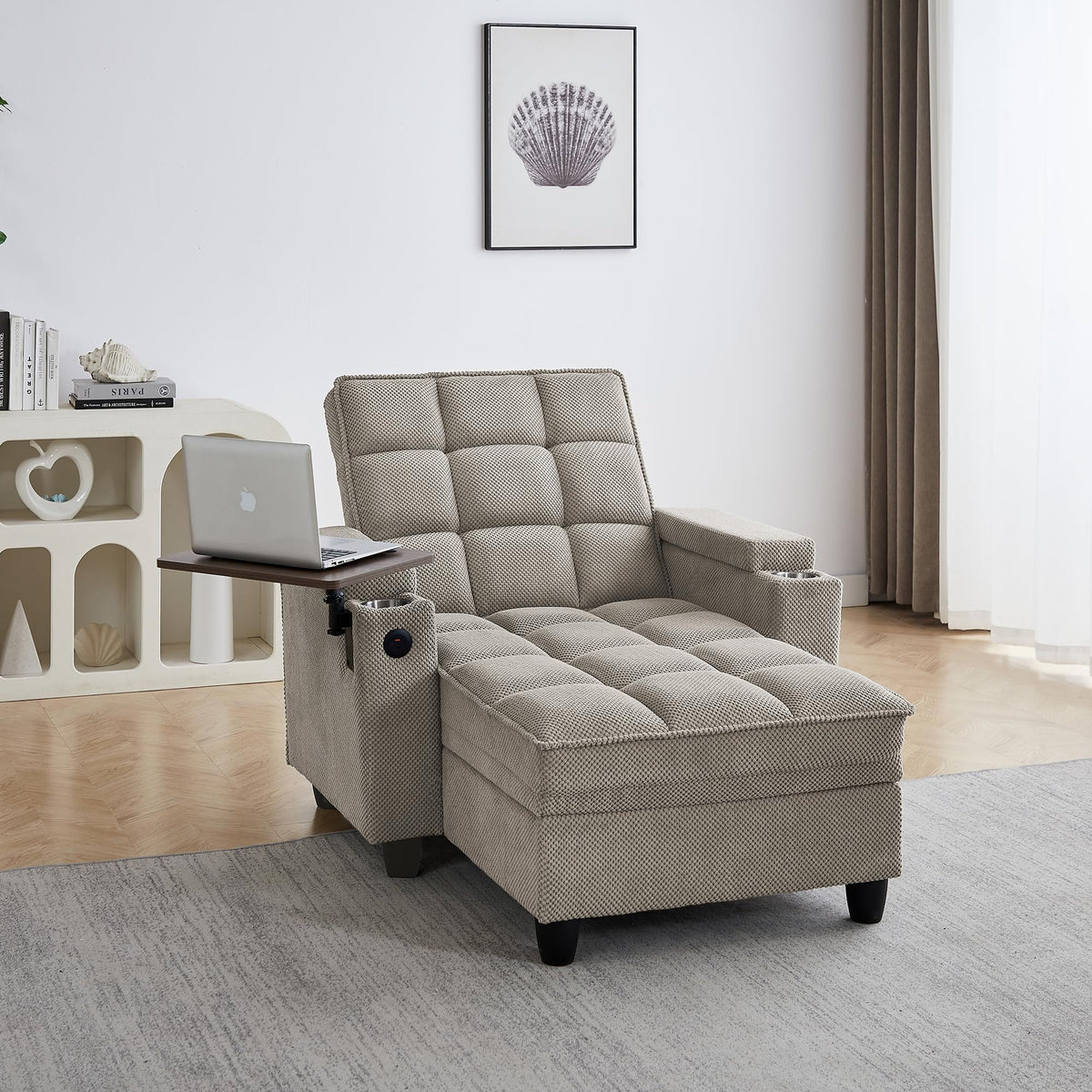 KEIKI 41.7" Convertible Sofa Bed Chair, Adjustable Backrest Recliner Chaise Lounge with USB Ports, Cup Holder, Storage Armrest and Swivel Table, Space Saving Sleeper Sofa for Studio, Dorm