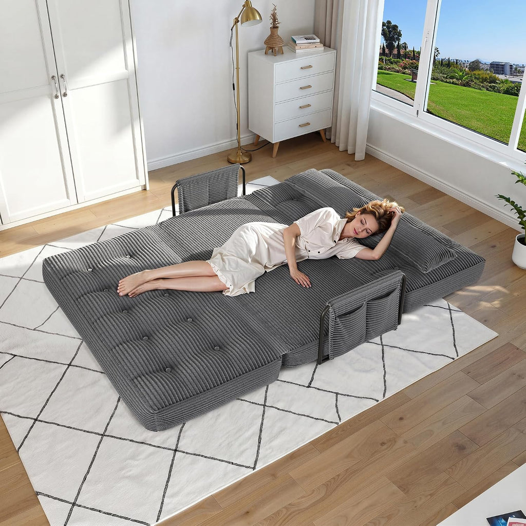 3-in-1 Folding Sofa Bed,Convertible Sleeper Chair with Armrests & Adjustable Backrest,Corduroy Futon Couch Floor Sofa Lounge with Pillow for Living Room Bedroom,Double,Dark Gray