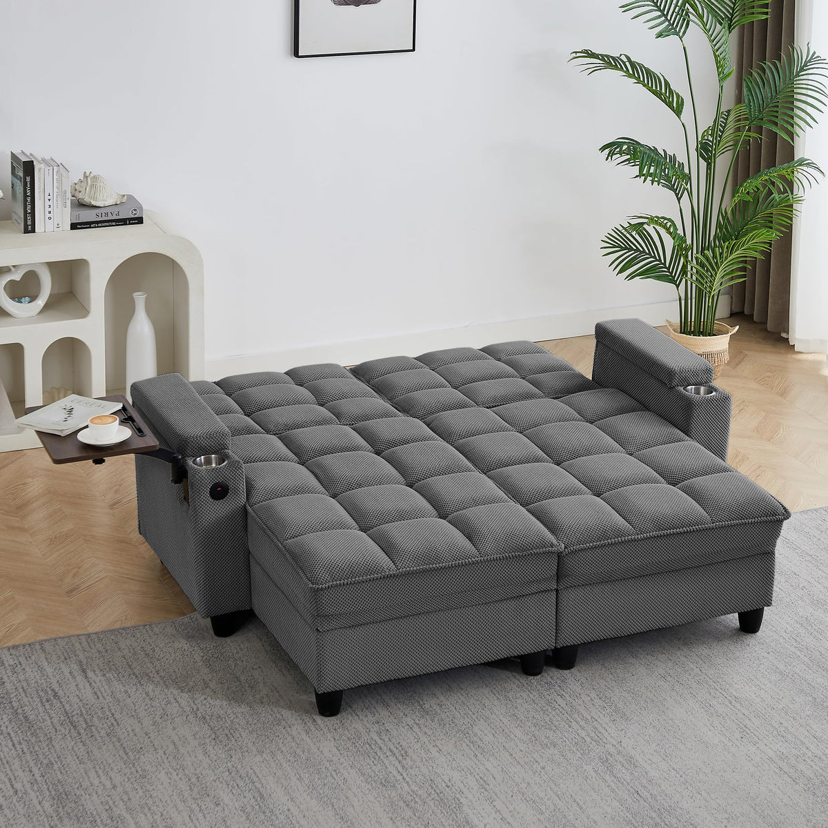 KEIKI 41.7" Convertible Sofa Bed Chair, Adjustable Backrest Recliner Chaise Lounge with USB Ports, Cup Holder, Storage Armrest and Swivel Table, Space Saving Sleeper Sofa for Studio, Dorm