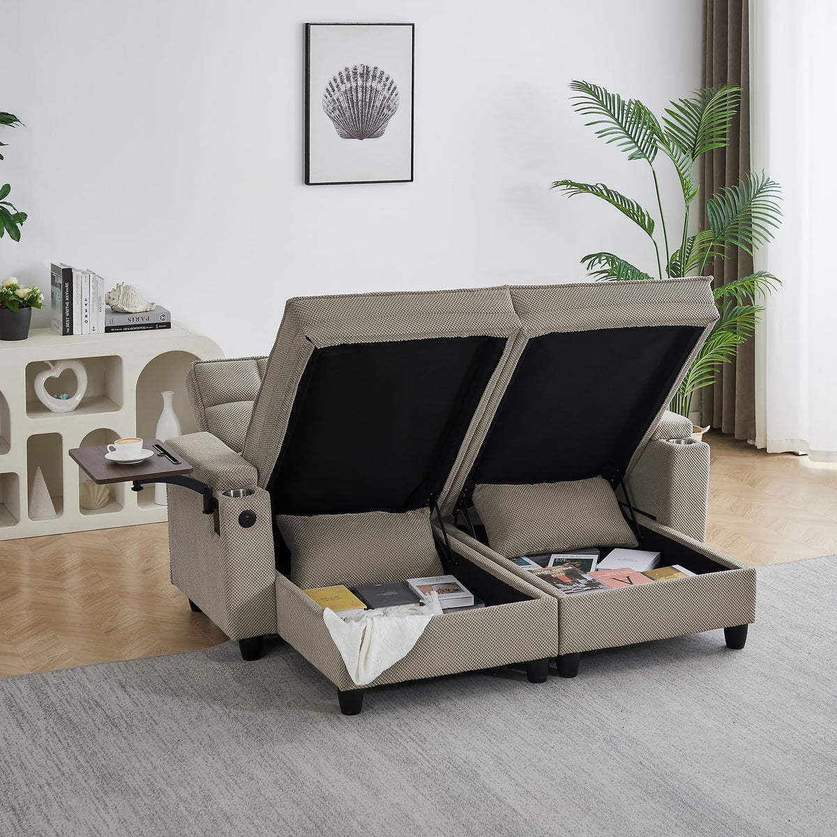 KEIKI 41.7" Convertible Sofa Bed Chair, Adjustable Backrest Recliner Chaise Lounge with USB Ports, Cup Holder, Storage Armrest and Swivel Table, Space Saving Sleeper Sofa for Studio, Dorm