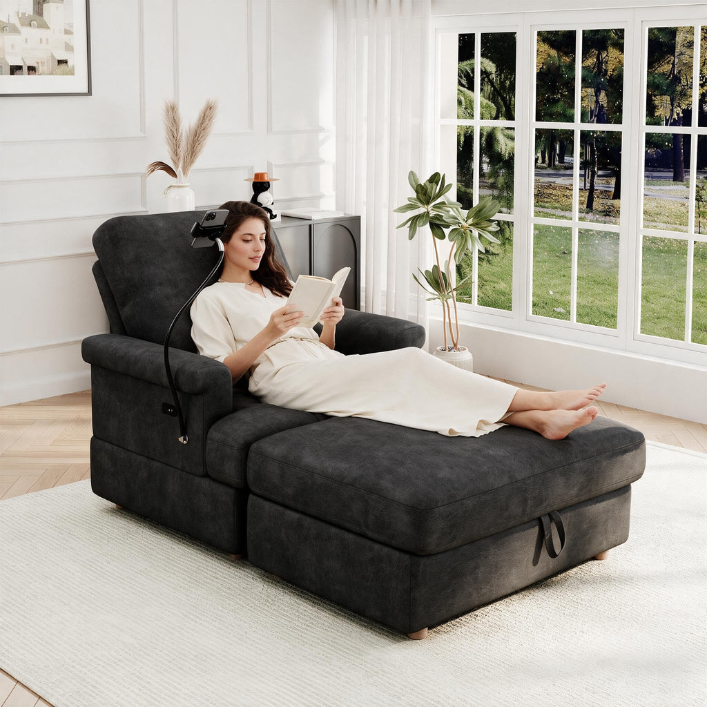 EJUNQ 66.5" Oversized Chaise Lounge Chair Indoorï¼Cozy Sofa Bed with Phone Holder and USB Chargerï¼Upholstered Deep Seat Sleeper Sofa Bedï¼Comfy Single Sofa Armchair for Living Room, Grey